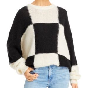 MOTHER Women's The Long Drop Entry Fee Black Cream‎ Checkered Jumper Sweater SM